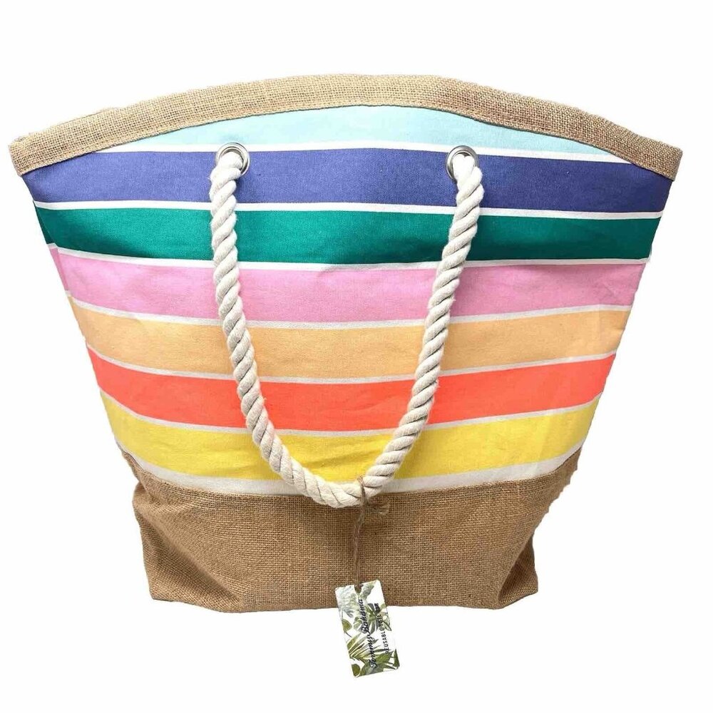 Tommy Bahama Reusable Tote Beach Bag Jute Bottom Rope Handles XL Large Striped